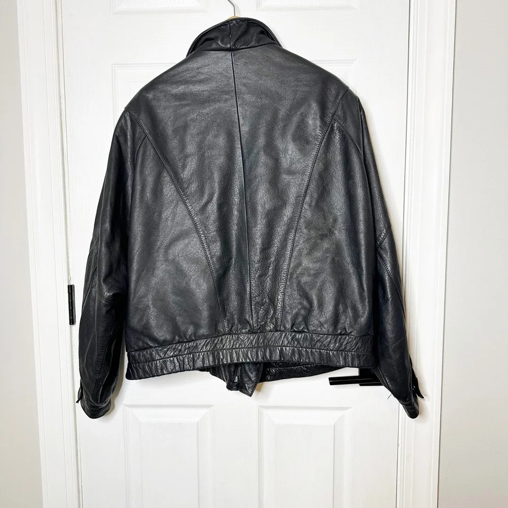 Vintage‎ Fidelity Leather Bomber Jacket Mens 44 Black Good Asymmetrical Zip 8740
